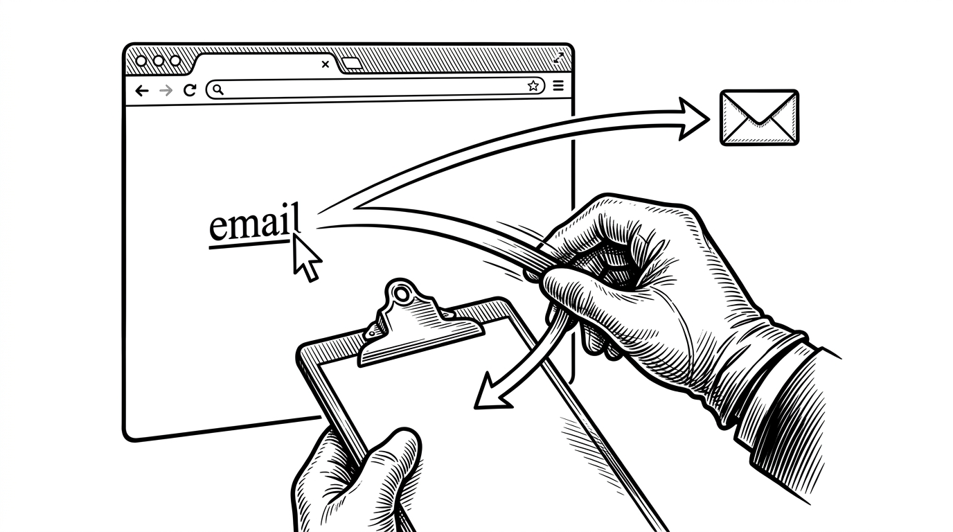 A cursor clicks an underlined email link while the path splits into two directions. One route heads toward a desktop mail client icon, while the other is cut off early and redirected into a clipboard, showing how the extension intercepts the click before the default handler can act.