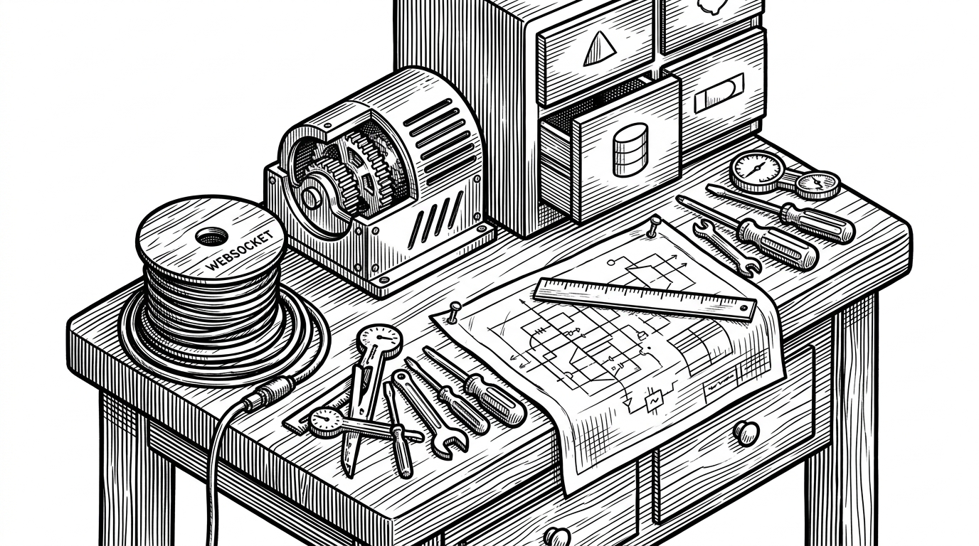 A close-up workbench holding a Bun engine, a SQLite drawer, a websocket spool, and a TypeScript blueprint. The image explains the practical benefit of consolidation: fewer tools, fewer seams, and a simpler path from code to live show.