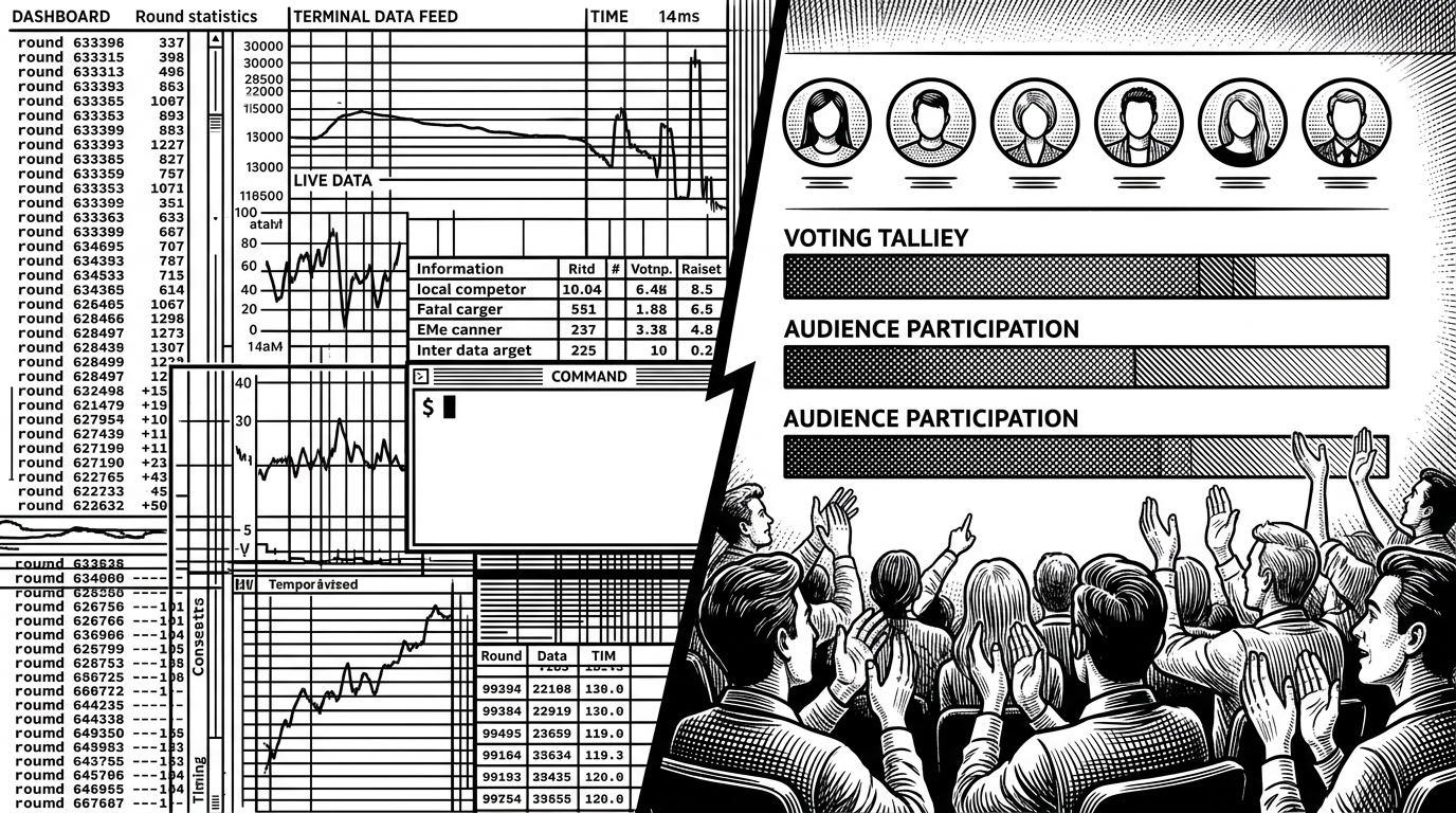 A split-screen editorial illustration. The left side shows a terminal dashboard with live round stats and control readouts. The right side shows a polished broadcast page with avatars, vote bars, and audience energy. The image explains that Quipslop serves both operators and viewers.