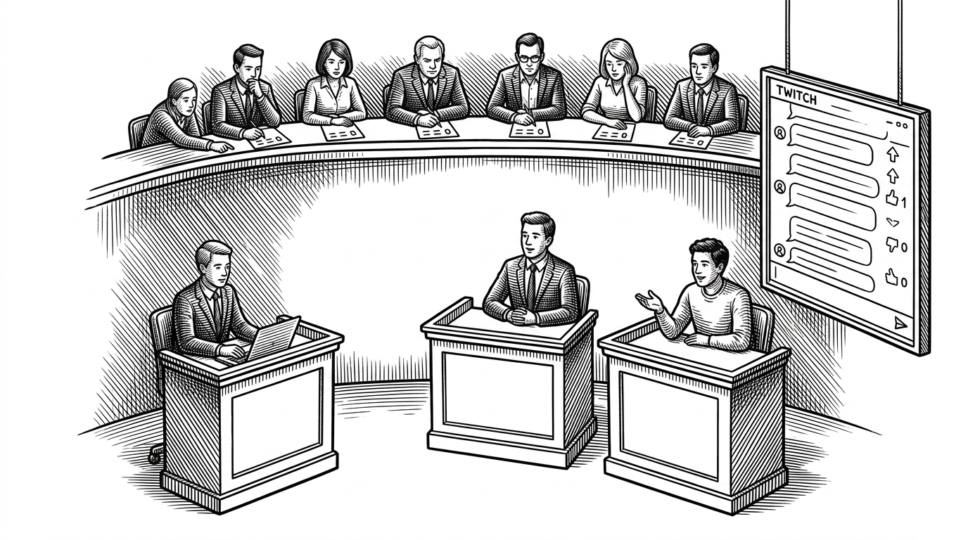 A wide editorial scene of a live game show arena where three model pods face a judge panel above them, with a Twitch chat screen hanging to the side like a second audience. The composition explains that Quipslop is not a normal chatbot demo. It is a recursive competition where models generate the prompt, answer it, and then evaluate the results.