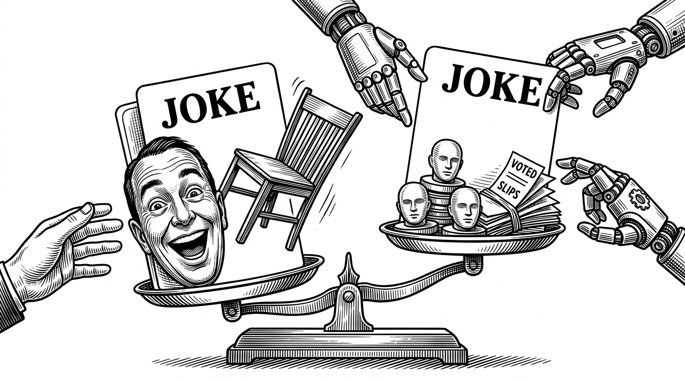 A close-up editorial illustration of two joke cards balanced on a scale. One side is weighted by a human laugh, the other by a stack of model votes. The image explains that Quipslop is about preference and taste, not right answers.
