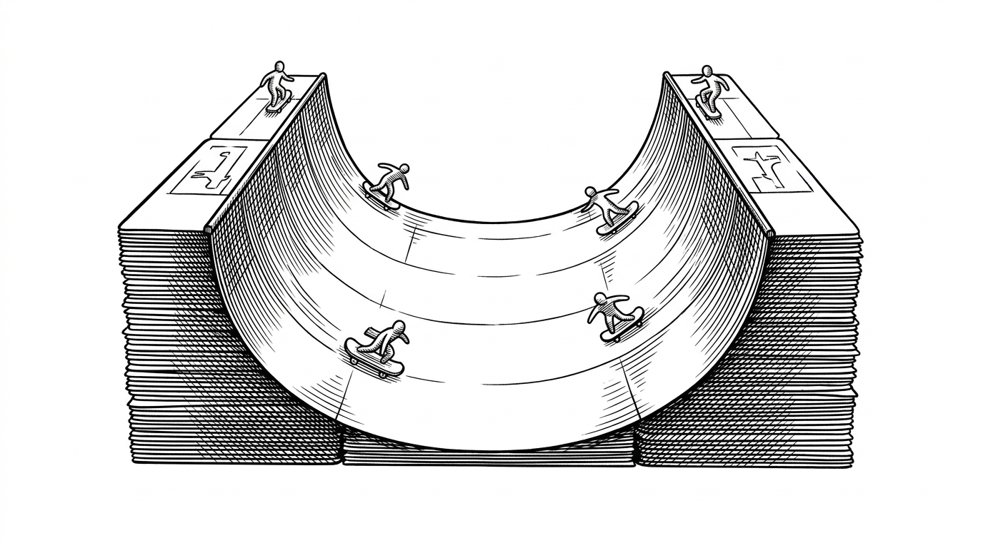 A wide editorial scene of a halfpipe built from stacked benchmark cards, with tiny model tokens riding the ramp. Some land cleanly on exact trick labels, while others slip away when the vocabulary becomes too precise. The image explains how SkateBench turns a niche domain into a stress test for model accuracy.