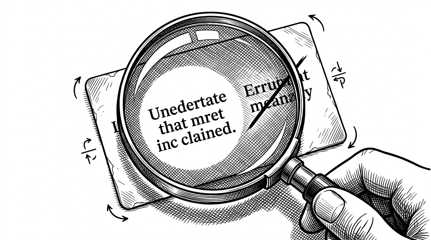 A close tabletop view of a benchmark card under a magnifying lens, with one answer phrase framed as correct and a nearby forbidden phrase crossed out. The scene explains why SkateBench can use exact string matching when the domain vocabulary is narrow and unambiguous.