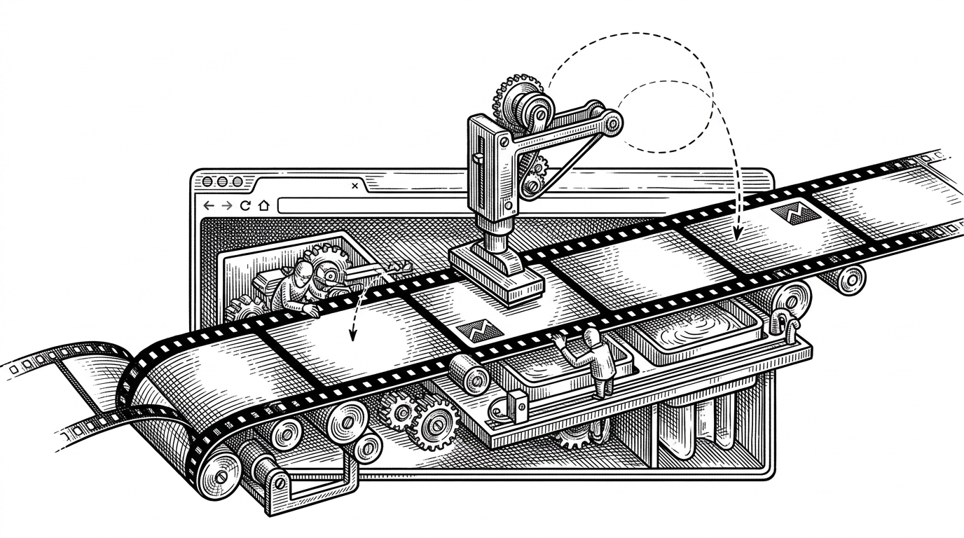 A browser window is staged like a film lab, with a strip of video moving under a watermark stamp that shifts across the frame. It shows that the project is not a static overlay tool, but a temporal compositor that keeps rethinking where the mark should live.
