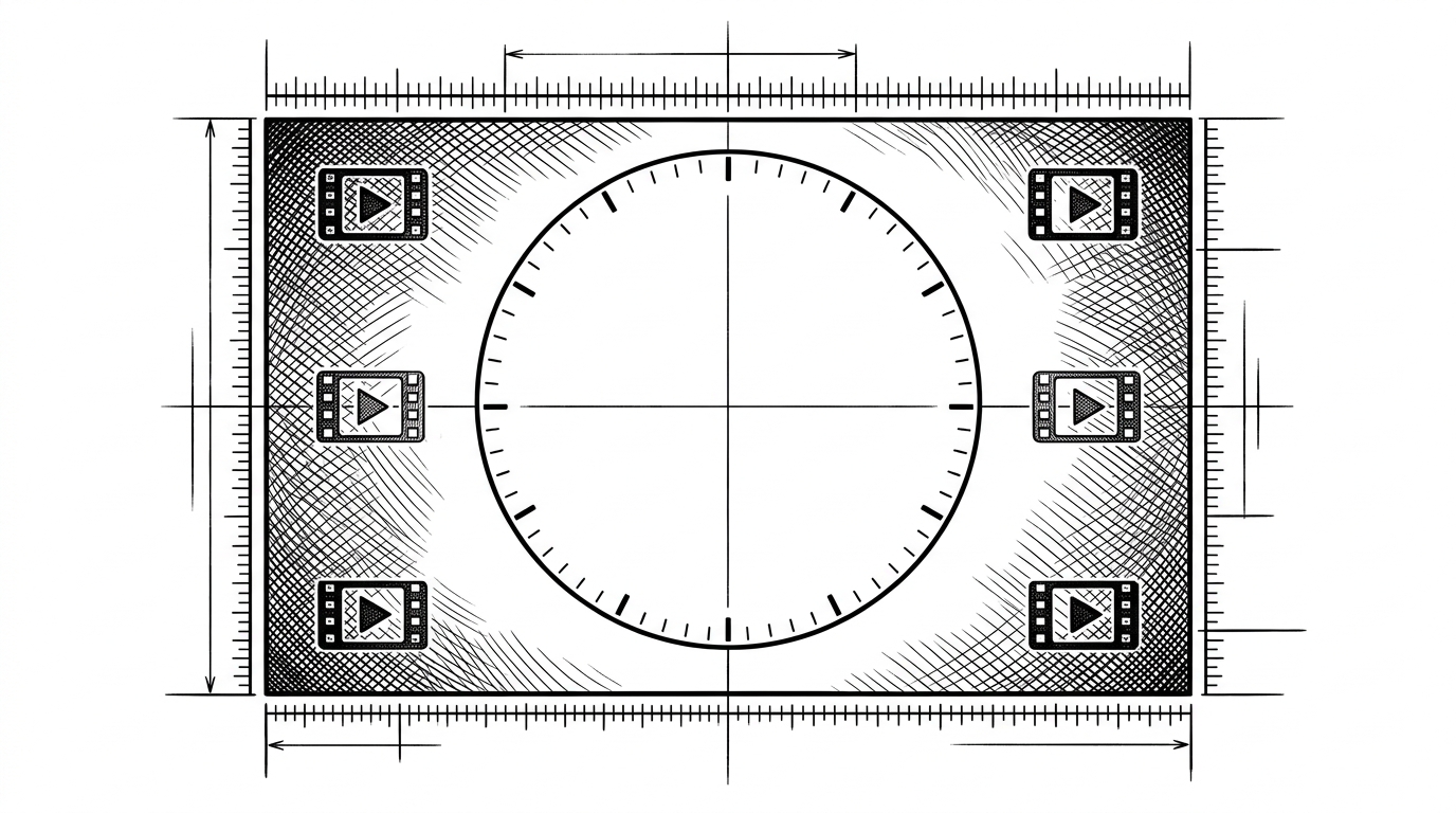A tight close-up shows a single video frame inside a measuring grid, while a watermark icon hops between four corner positions like a clock hand. It explains how a timed loop and size scaling turn one overlay into a moving signature that stays readable across resolutions.