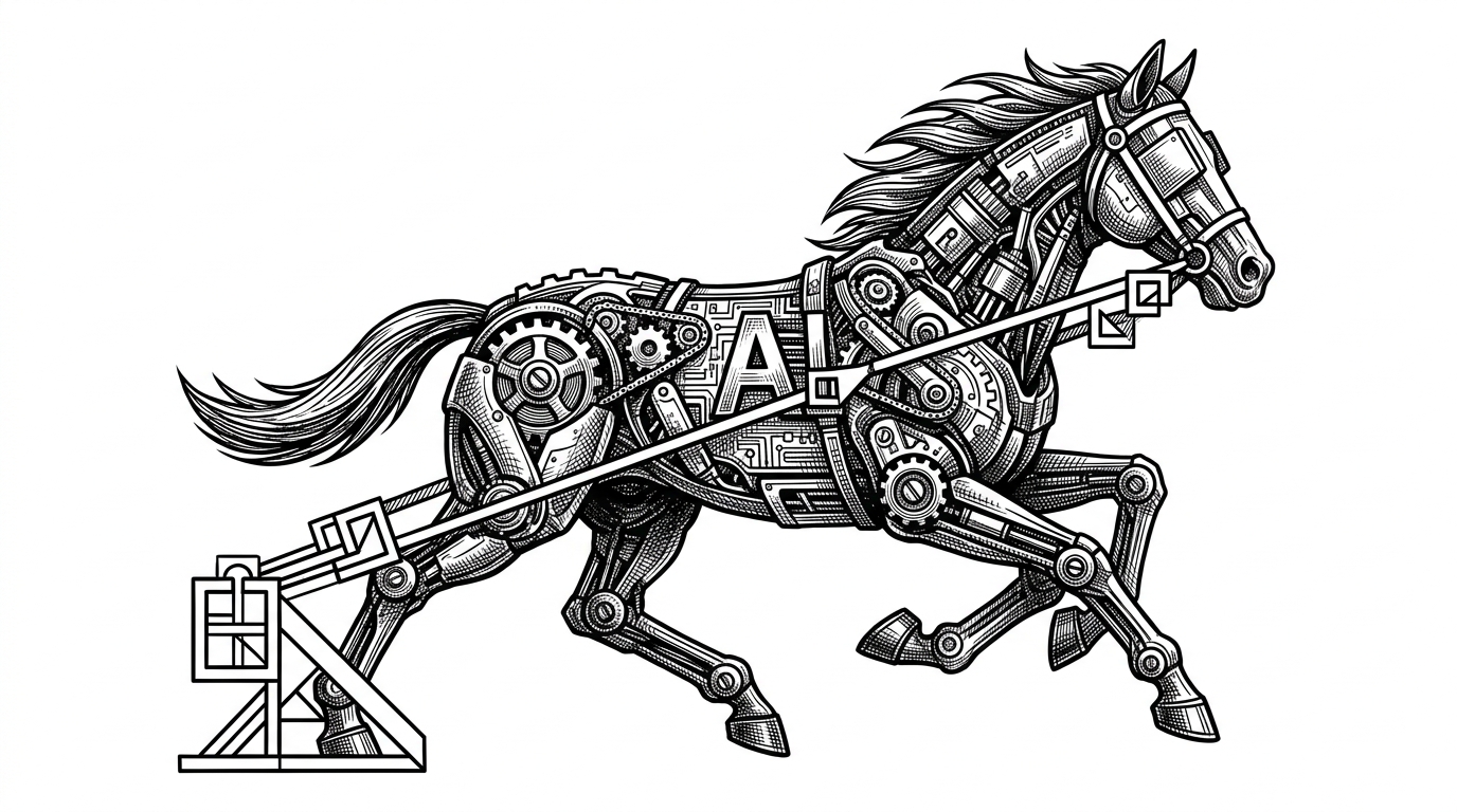 A wild mechanical horse controlled by strict geometric glowing lines, representing AI vibe coding constrained by strict rules.