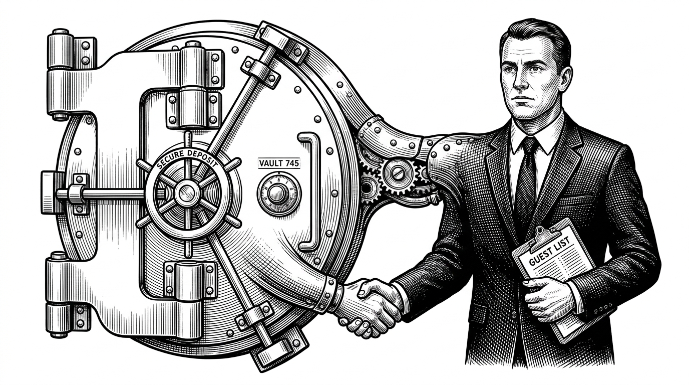 A vault door shaking hands seamlessly with a bouncer, representing zero-friction integration between database and authentication.