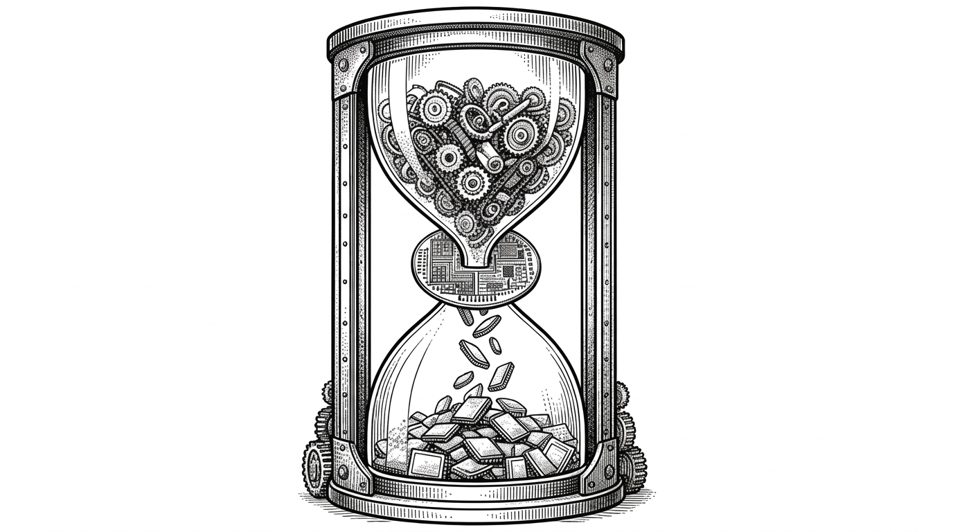 A massive industrial hourglass where gears in the top half filter through a silicon wafer bottleneck into smooth sand.