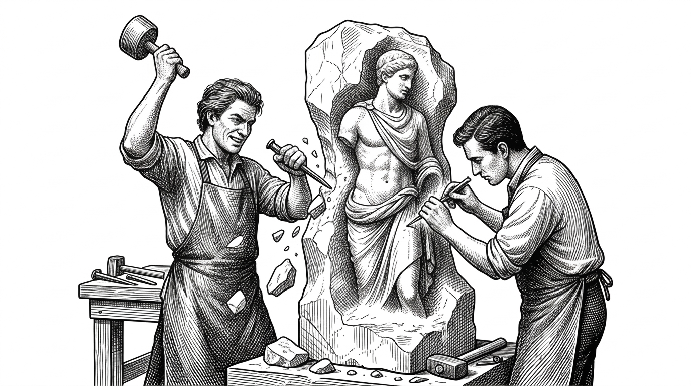 Two sculptors working on the exact same marble statue simultaneously. One rapidly chips away large chunks, while the second follows behind with fine chisels.