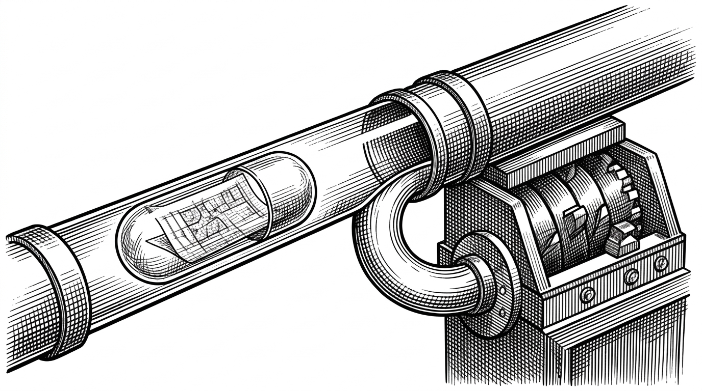 A close-up of a pneumatic tube transport system where a clear capsule containing a delicate blueprint bypasses a heavy mechanical crusher via a dedicated side-pipe.