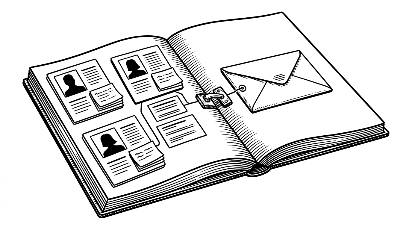 A clean desk holds a matchmaking ledger split between public profile cards and a sealed private envelope, with a small latch between them. The scene explains Budify’s core idea: people can discover each other publicly, but contact details stay locked until a match is accepted.