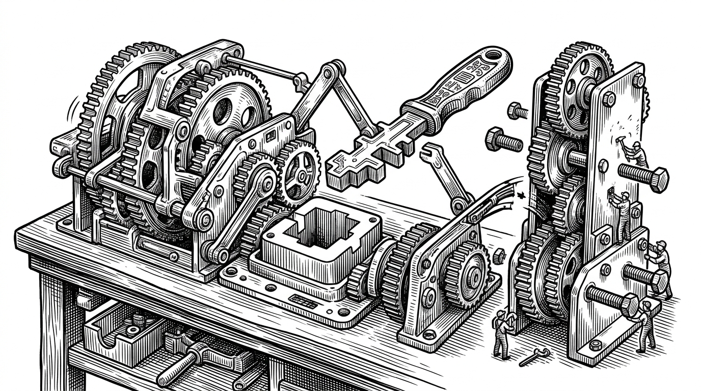 A compact workshop bench shows a missing socket where a table should be, with a schema key fitting into place. Nearby gears keep turning as new column pieces are bolted onto the mechanism, illustrating how Budify can self-repair its database structure without a heavy migration system.