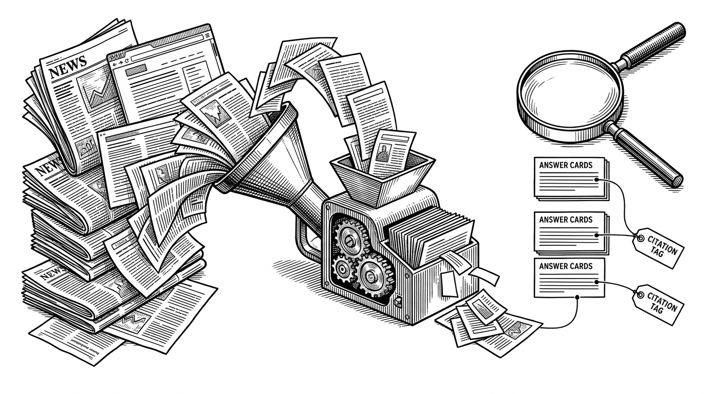 An analyst's desk where scattered news clippings and web pages flow into a compact indexing machine, then emerge as a small set of answer cards with visible citation tags. The image explains the core loop: ingest news once, then ask many questions against a private evidence base.