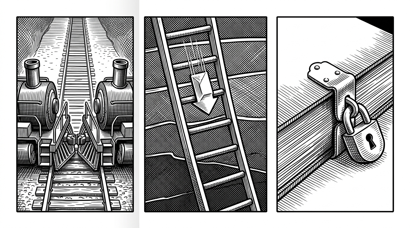 A notebook spread is divided into three close-up panels. One shows a train stalled on a single track, one shows a packet moving down a layered ladder, and one shows a ledger locking and unlocking around a transaction. The scene explains how the repo turns abstractions into everyday behavior through analogies.