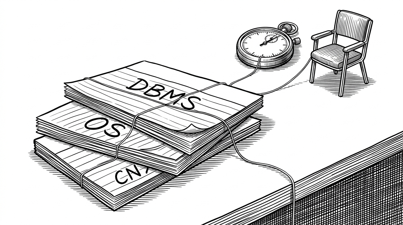 Three handwritten index cards labeled DBMS, OS, and CN are stacked on a desk and linked by thin threads to a stopwatch and an interview chair in the background. The scene explains the repo's core idea: compress the classic CS interview trio into a fast-recall system under pressure.