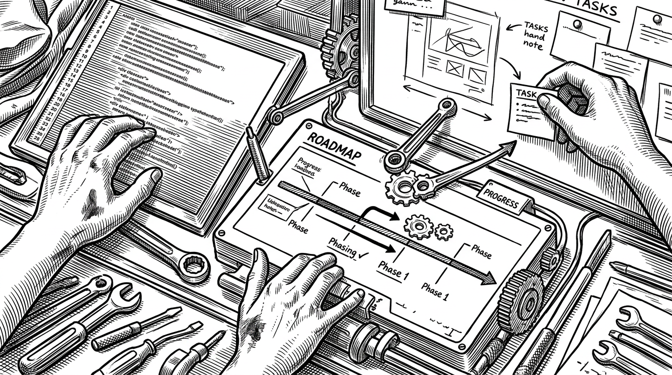 A close-up of a roadmap being drafted on a workbench. The timeline, task card, code pane, and whiteboard sketch are tied together by visible sync lines, showing that the app keeps planning and action in the same session.