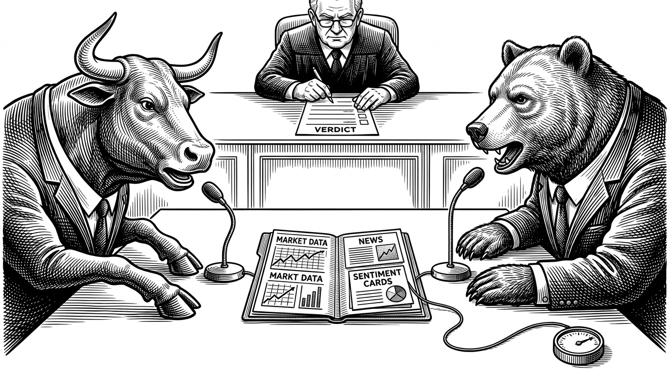 A close-up debate chamber shows a bull and a bear seated at a formal table, each speaking into a microphone. Between them sits an open evidence folder with market data, news clippings, and sentiment cards, while a judge-like manager studies a verdict sheet above the table. The image explains how TradingAgents turns analysis into adversarial review before a final decision is made.