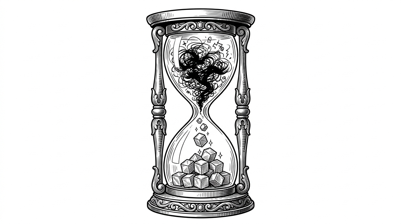 An ornate hourglass where chaotic dark ink in the top bulb passes through the pinch point and turns into perfect geometric crystal cubes in the bottom bulb. This visualizes the distillation of noisy diffusion into rapid structured geometry.