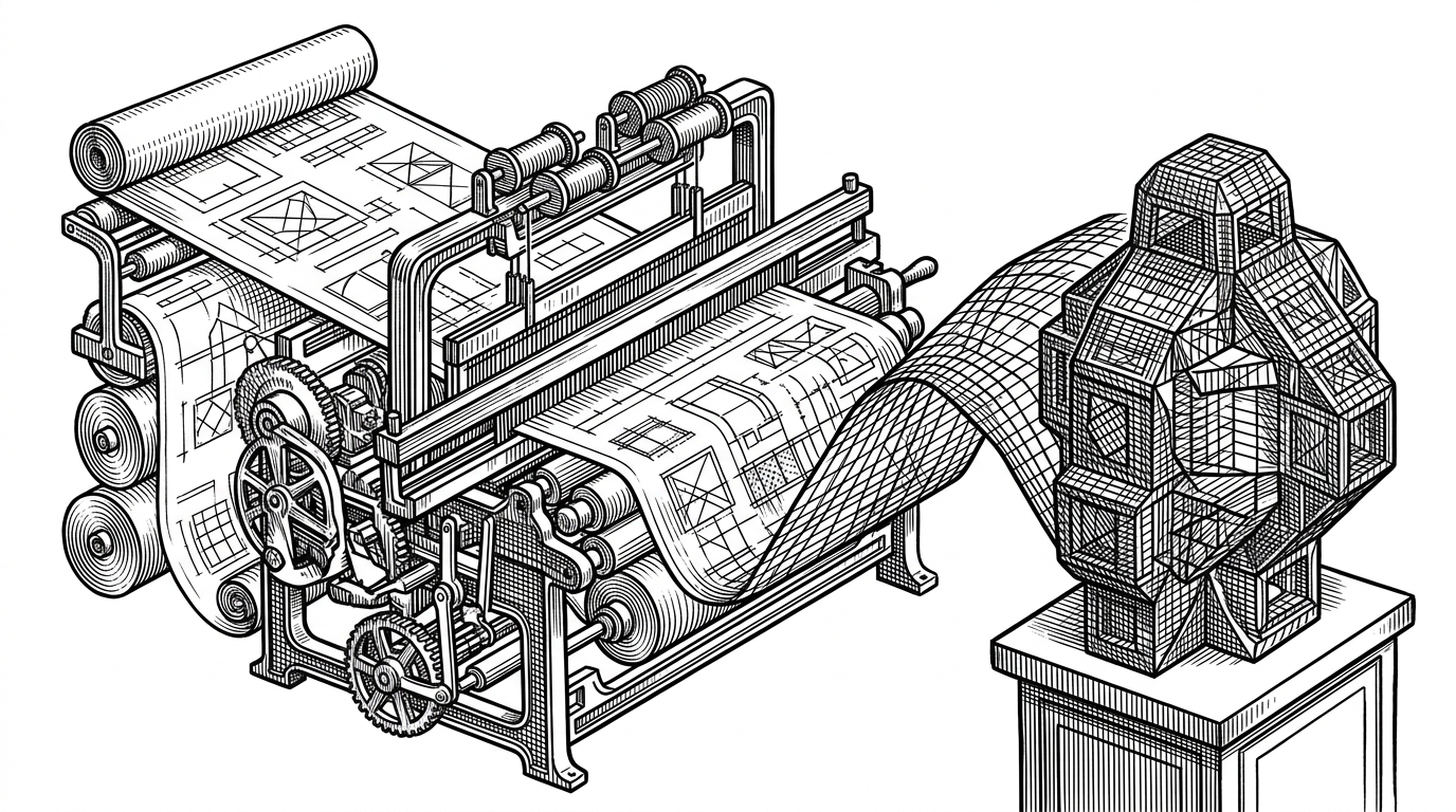An industrial loom weaves a rigid 3D geometric wireframe from flat 2D blueprints. This illustrates the automated pipeline converting 2D reference images into structured 3D meshes.