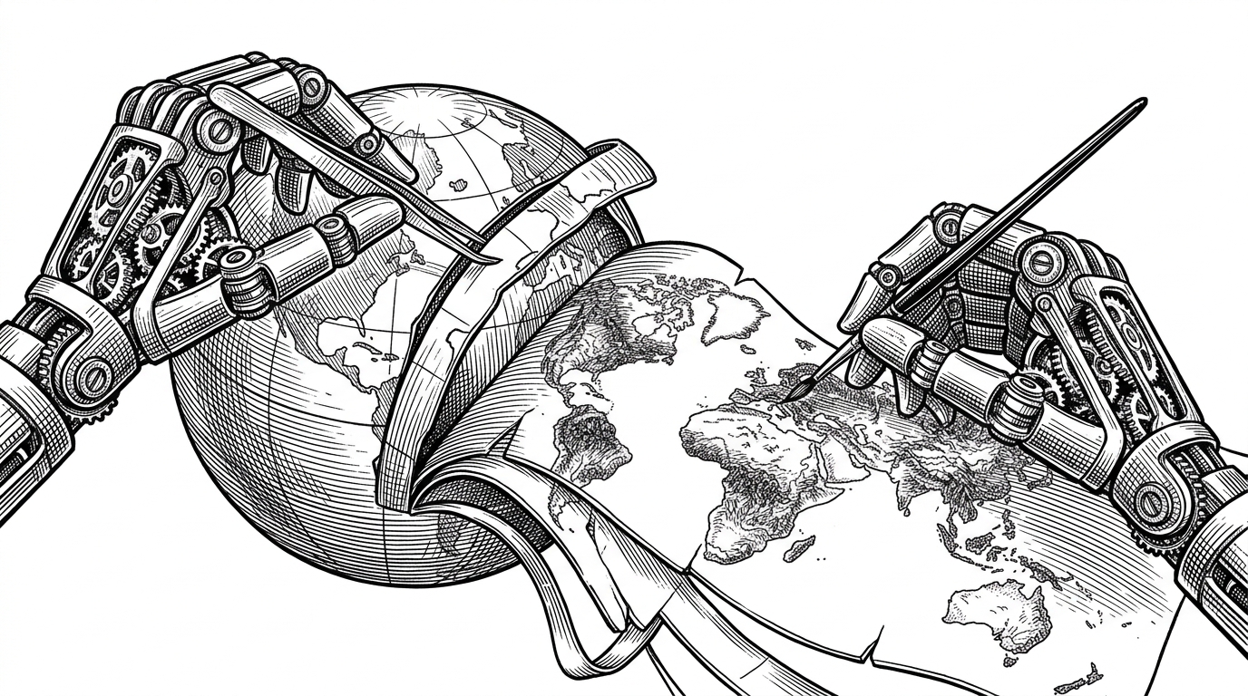 Two mechanical hands work on a wooden globe. One hand uses tweezers to peel off the outer layer in flat strips. The other hand paints details onto the flat strips with an ink brush. This represents the UV unwrapping and diffusion painting process.