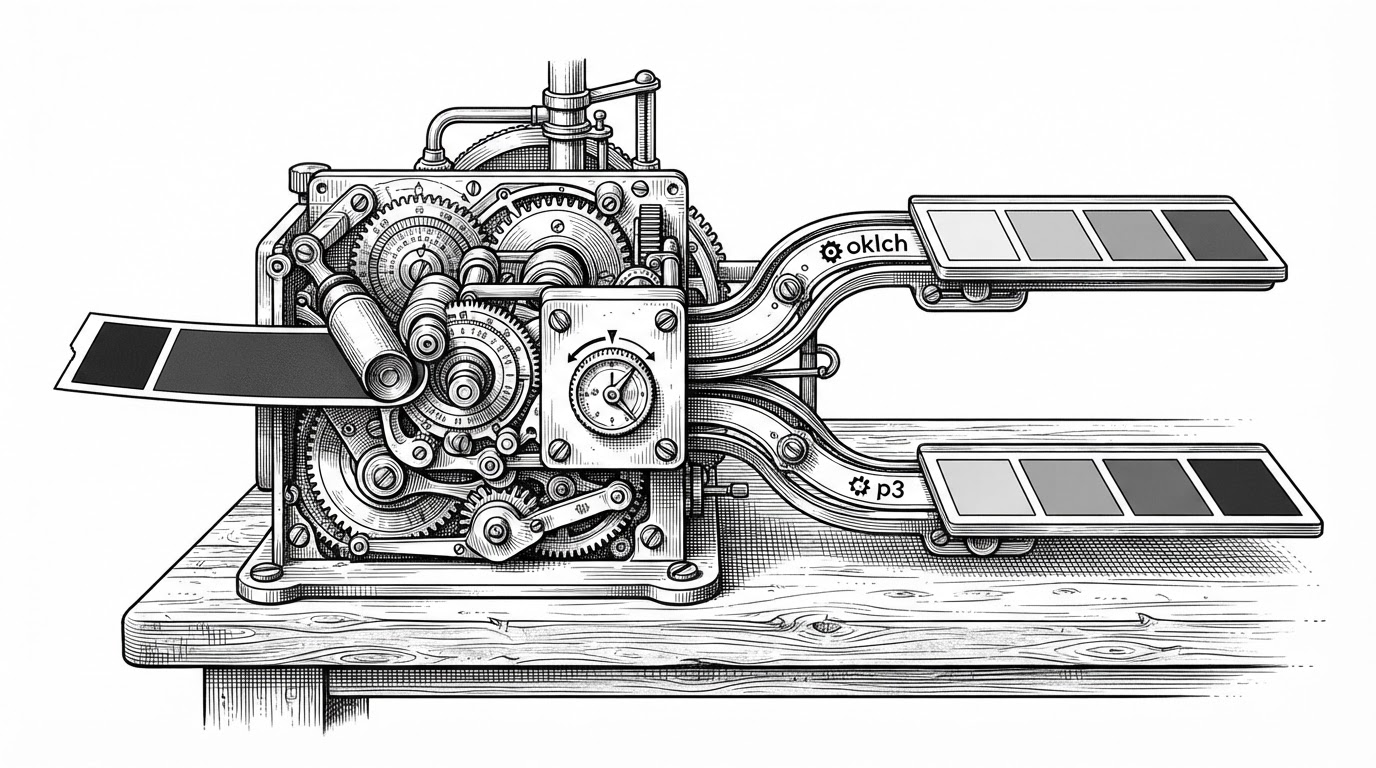 A close-up drafting table shows a palette swatch entering a small conversion chamber and exiting as output chips with subtly different tonal behavior. It explains how Crayon can convert colors into modern spaces such as OKLCH or Display-P3 at compile time instead of leaving the conversion to hand-tuned CSS.