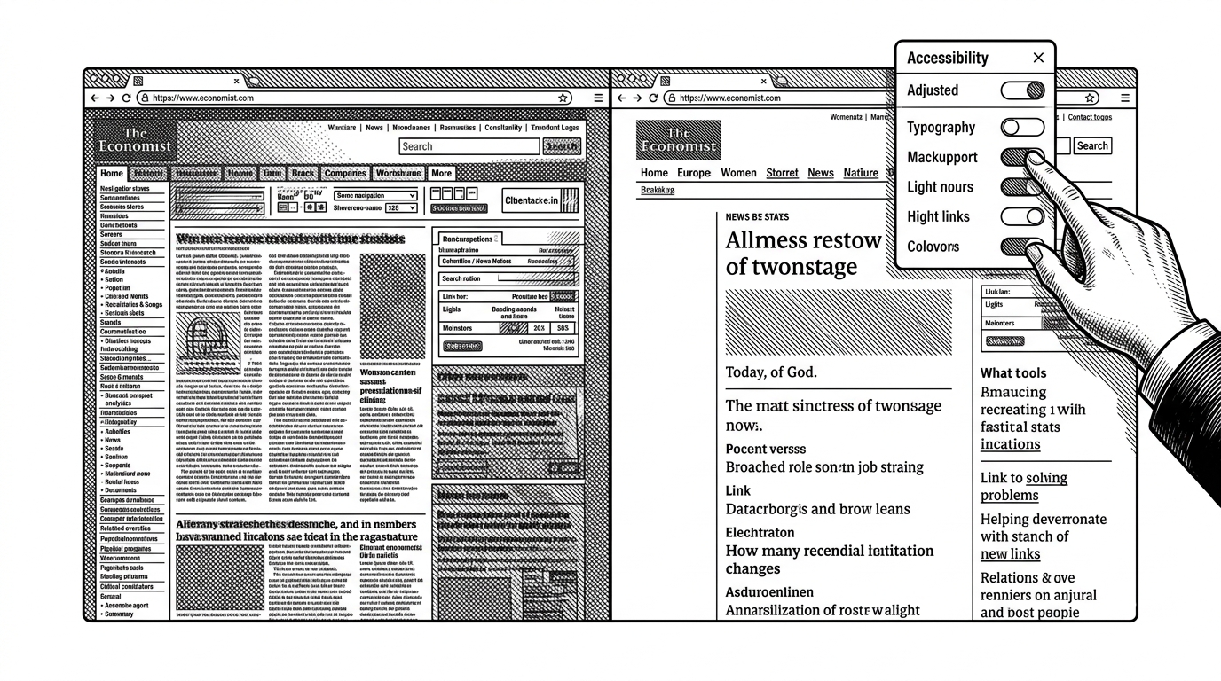 A dense website on the left is overlaid by a small control panel that changes the whole page on the right. The scene explains how a lightweight widget can reshape readability without rebuilding the host site.