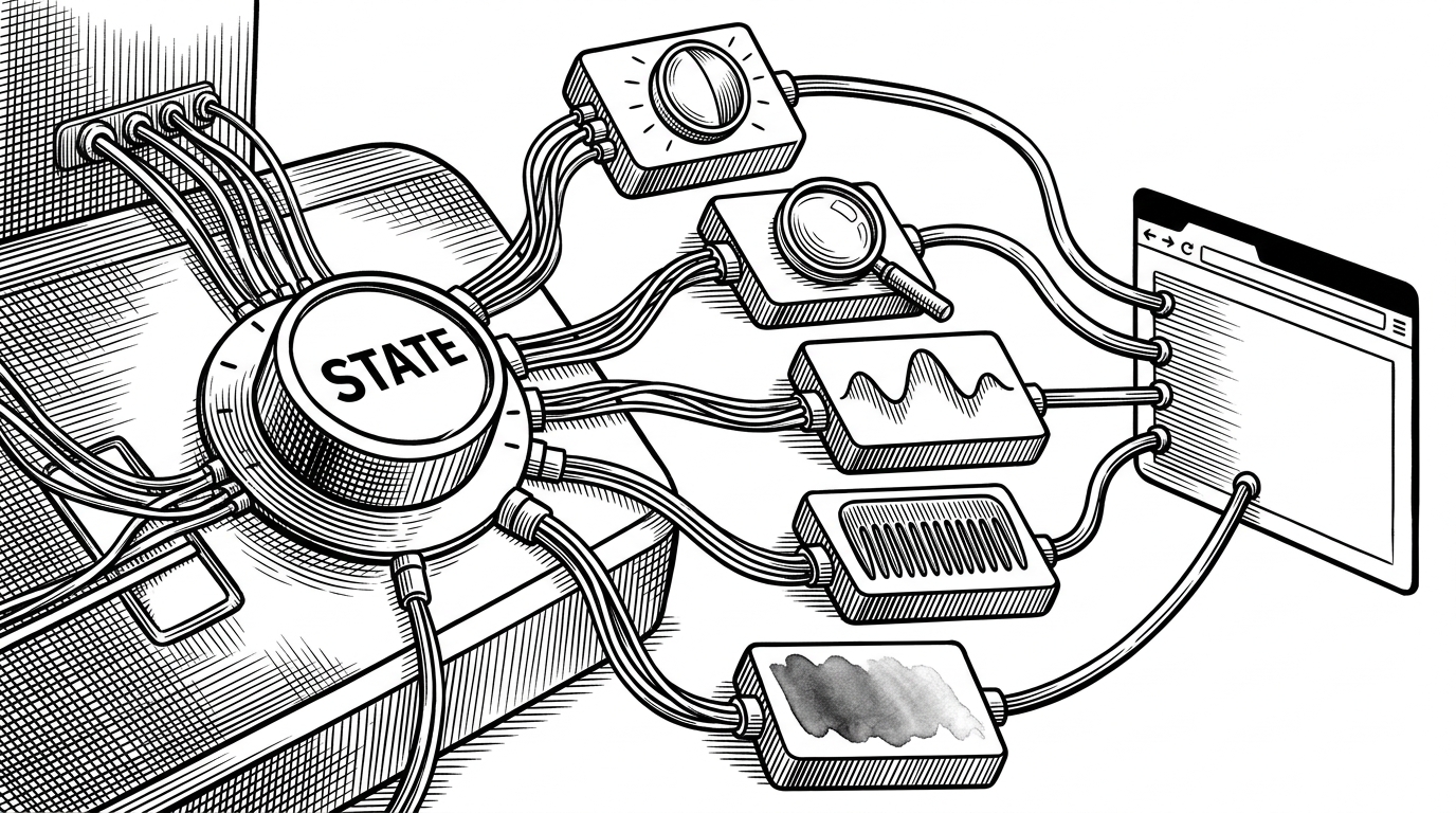 A close-up control room with one central dial labeled state sending lines to contrast, typography, dyslexia mode, grayscale, and motion reduction modules. The scene explains that the widget is a state-to-class translation layer rather than a collection of unrelated toggles.
