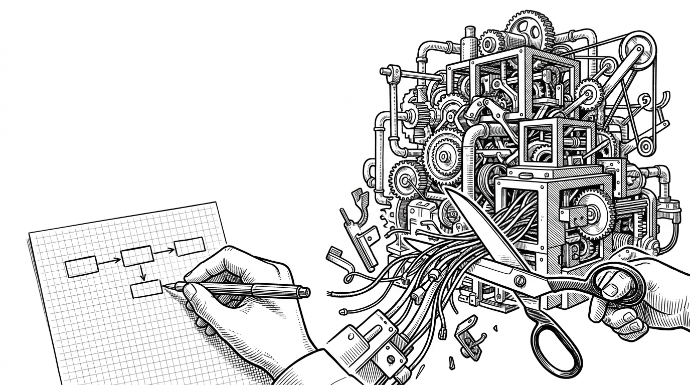 A wide editorial scene of a hand drawing a tiny three-node graph on paper while a much larger tangle of machinery gets cut away beside it. The image explains PocketFlow as a deliberate simplification of agent orchestration, where a small readable core replaces a heavy framework stack.