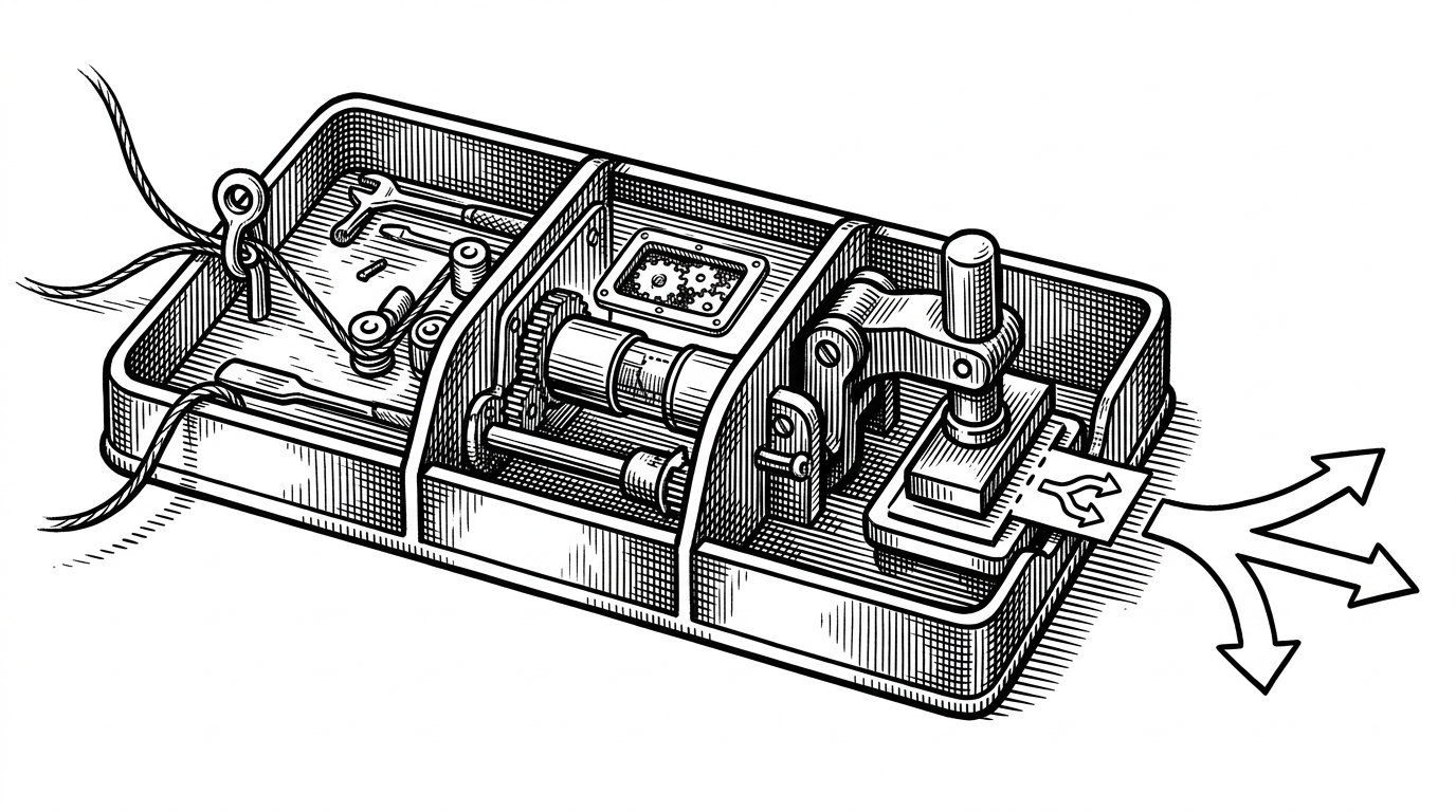 A close-up technical illustration of a single node on a workbench with three compartments labeled prep, exec, and post. A thread enters prep, a sealed capsule moves through exec, and a stamped action label exits post toward branching arrows. The image explains how PocketFlow separates reading state, doing work, and choosing the next route.