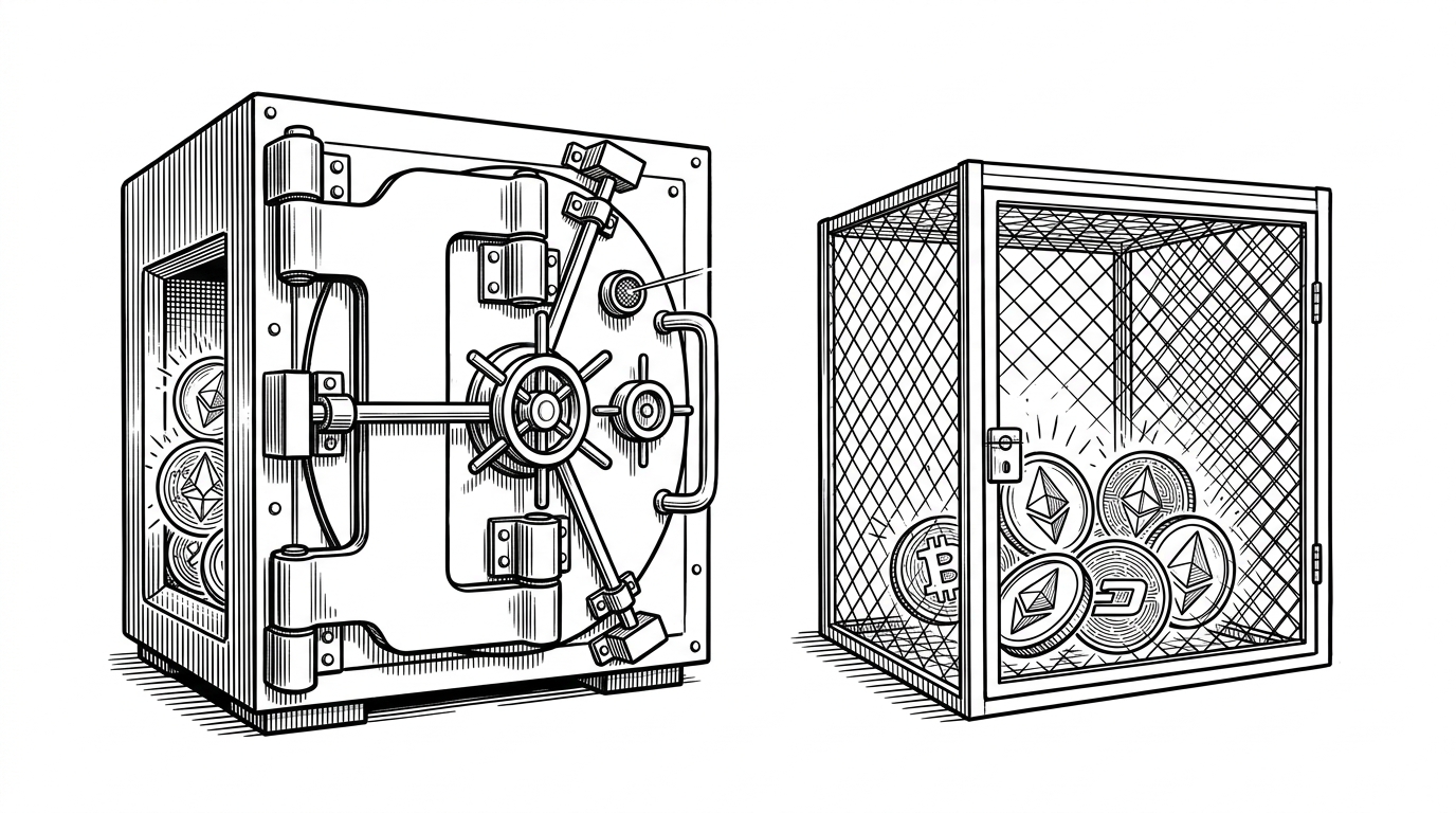 Two bank vaults sitting side by side. The left vault is heavily armored with multiple thick steel locking mechanisms and laser sensors. The right vault is a simple, lightweight lockbox made of thin wire mesh. Both contain glowing geometric tokens. This illustrates the asymmetric KV cache concept.