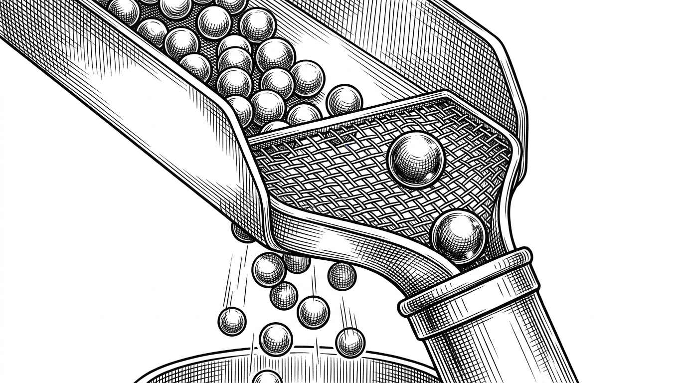 A mechanical sorting chute dropping metallic spheres (data). A finely woven wire mesh sieve intercepts the flow. Most spheres fall straight through the gaps, while only a few heavy, polished spheres are caught and funneled into a brass processing tube.