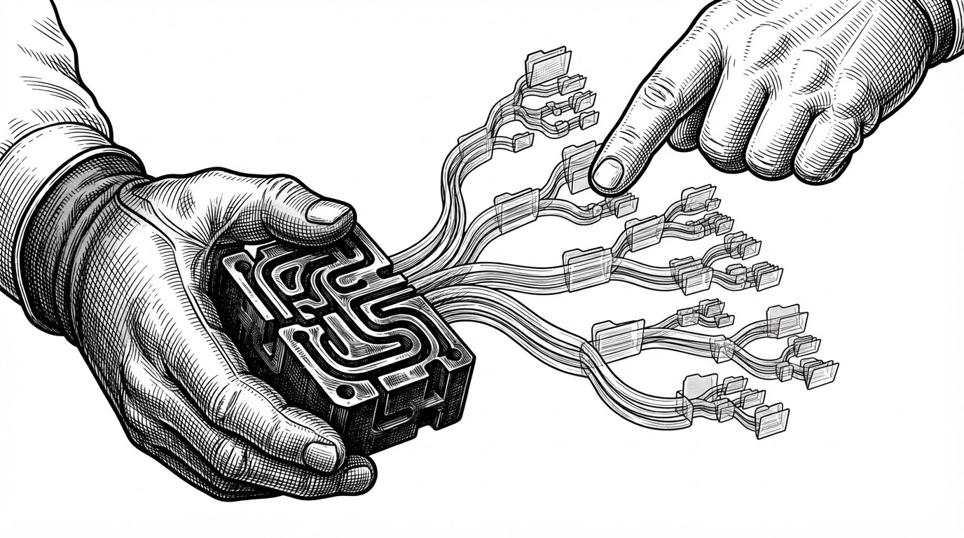 A close-up mechanical diagram shows one heavy shared block splitting into several thin branches. The base block looks reused and stable, while each branch ends in a small decision node. It explains why KV-cache reuse matters: the prefix is paid for once, then shared across multiple choices.