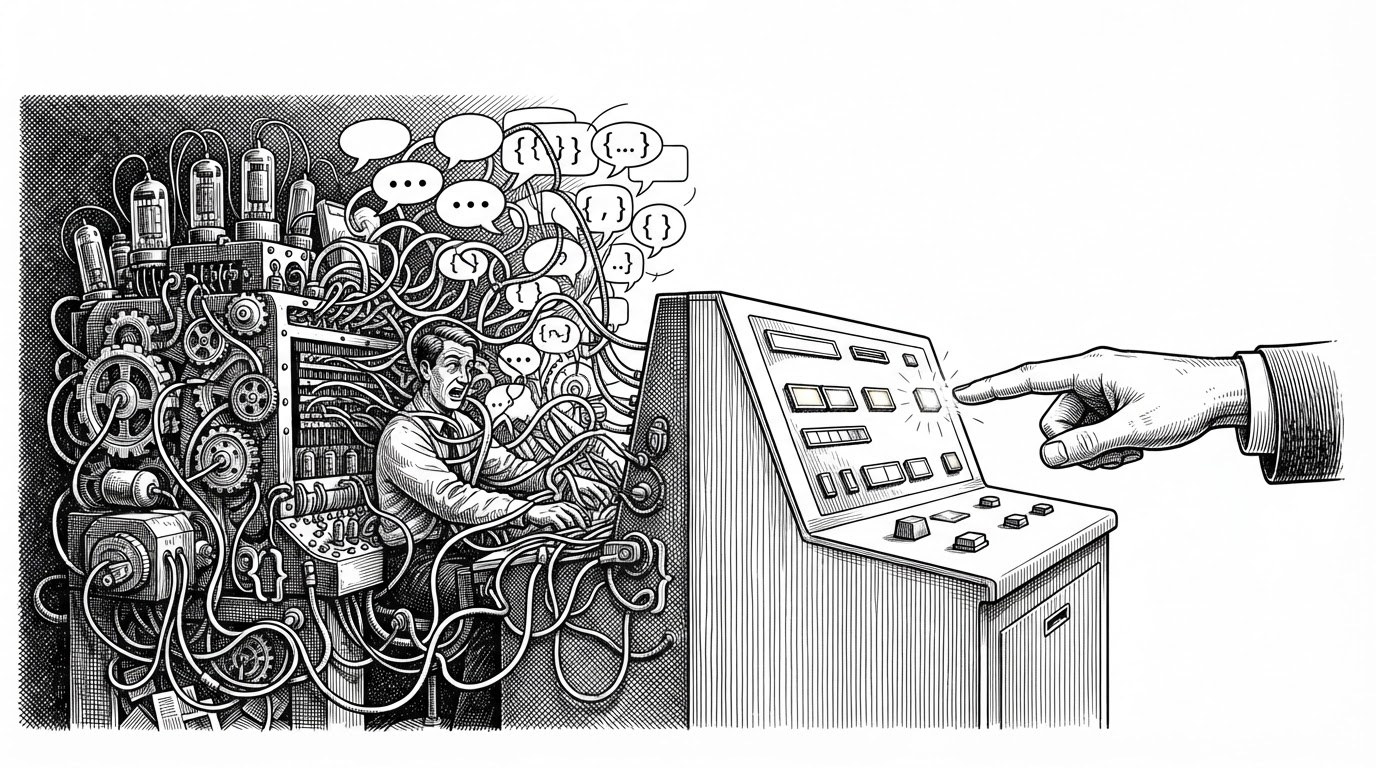 A wide editorial scene shows a cluttered speech machine on the left and a stripped-down decision panel on the right. The left side is tangled with speech bubbles and JSON braces, while the right side points directly at a few glowing choice lights. It explains the article’s core idea: if you only need a decision, do not ask the model to generate prose.