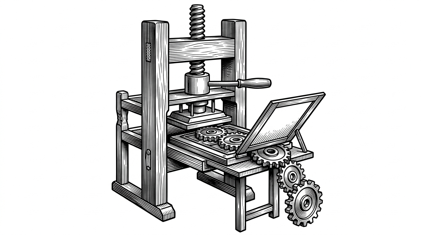 A classic wooden Gutenberg-style printing press stamping out perfectly formed metal gears. This illustrates a Linux environment manufacturing artifacts for a Windows environment.