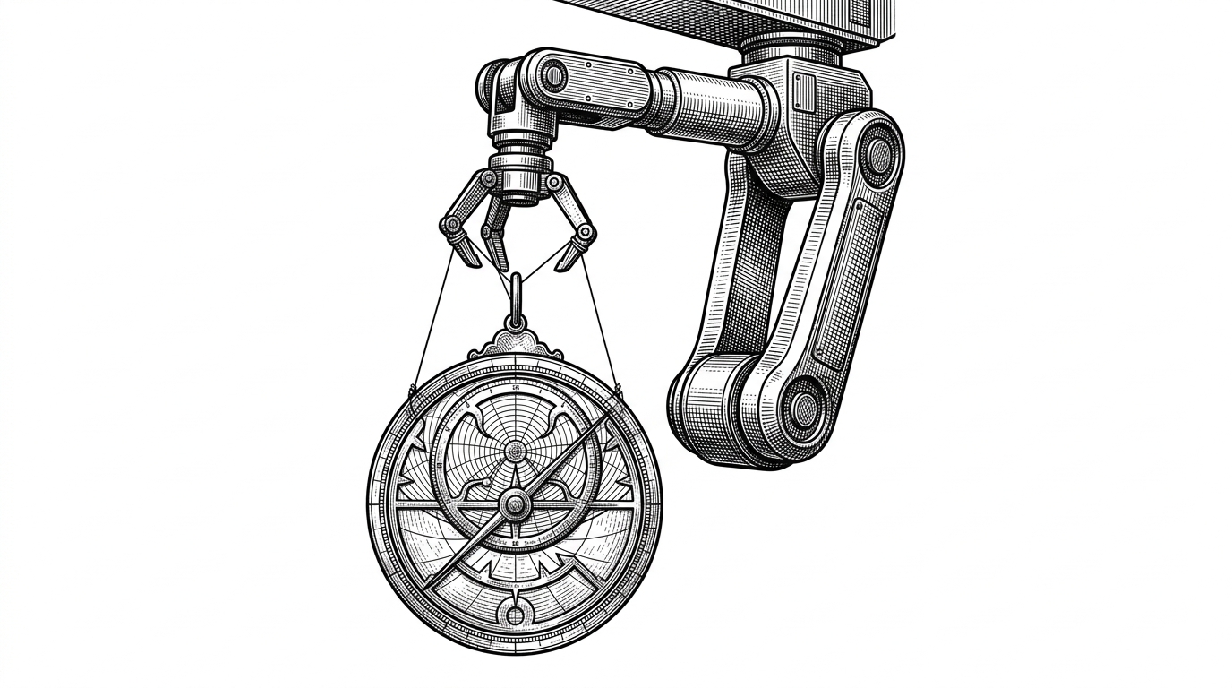 A modern robotic arm manipulating an antique brass astrolabe using fine strings. This represents the automation exoskeleton cleanly operating a legacy codebase.