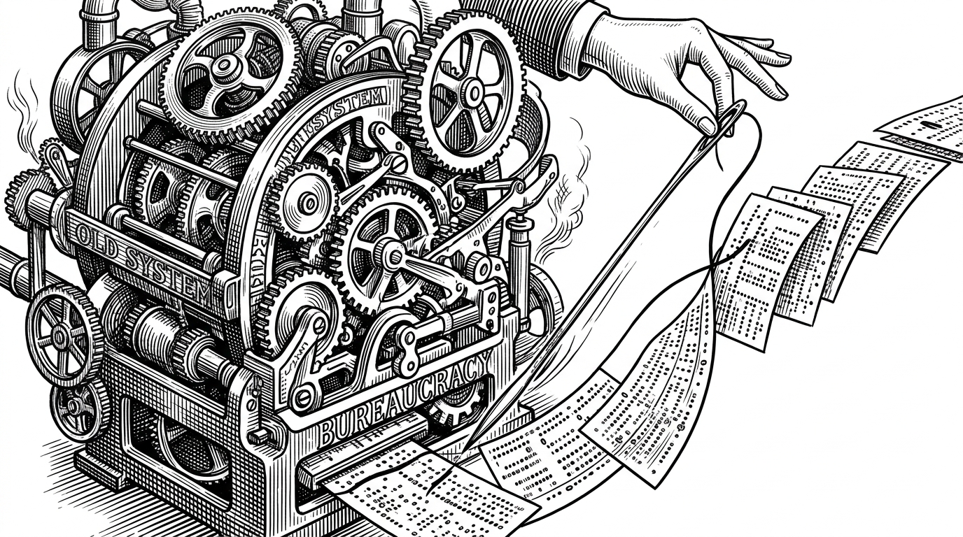A massive, complex clockwork machine representing GCC being bypassed by a small, sleek aerodynamic needle representing TCC, which is sewing a thread through a series of punch cards.