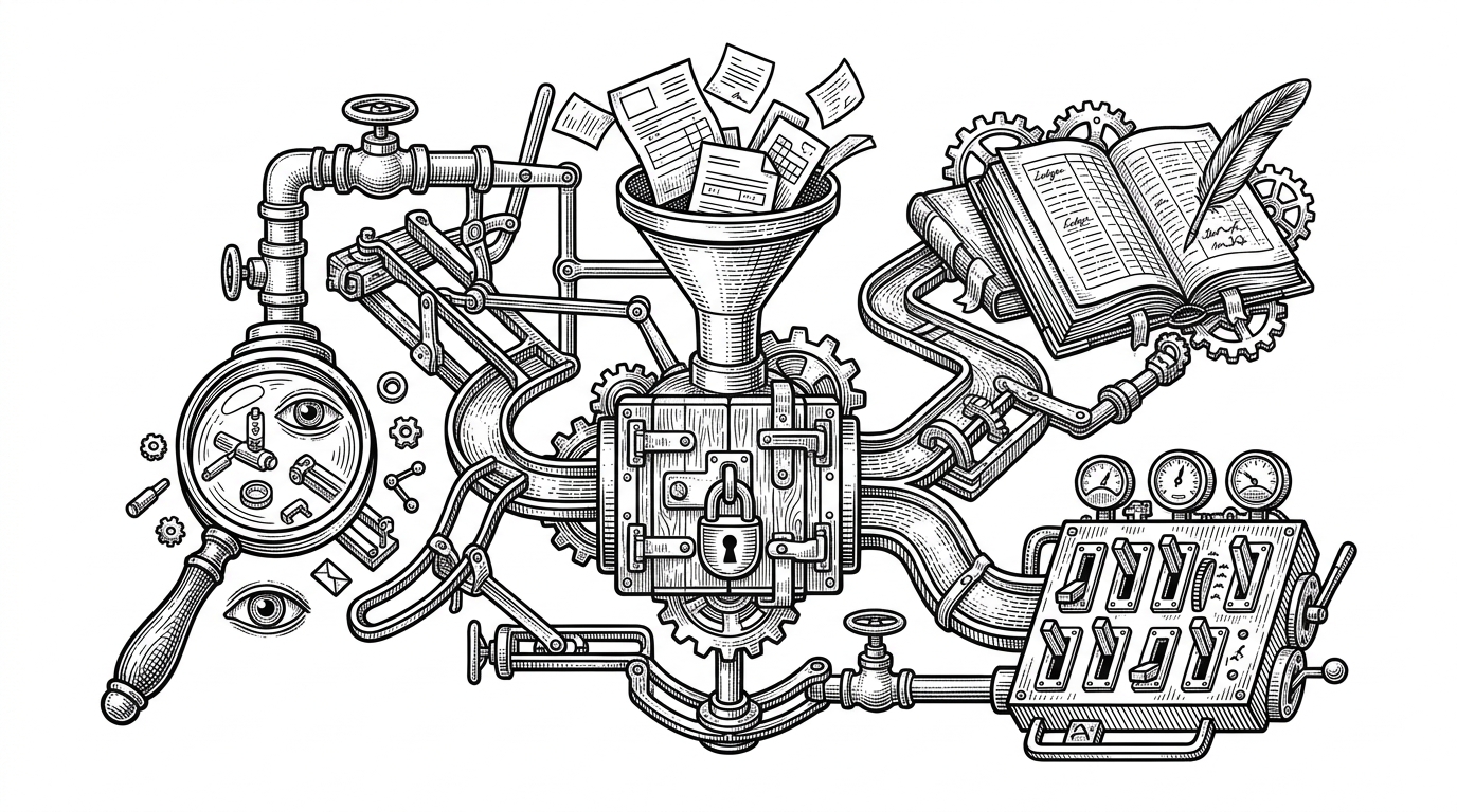 A close-up mechanical diagram of a request queue feeding a locked scheduling gate, then branching to visibility checks, transmission history, and dashboard updates. The image explains the backend as a state machine that arbitrates access to shared satellite resources.