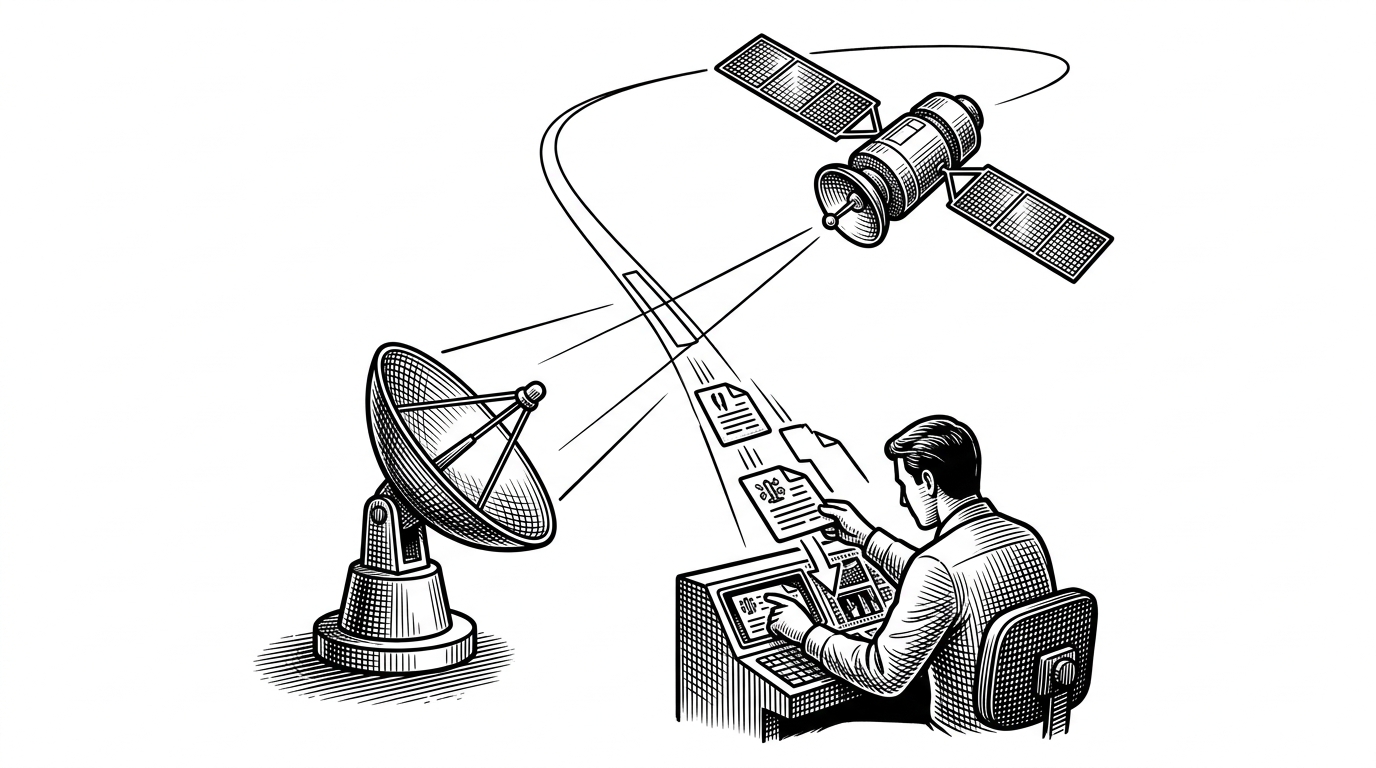 A wide orbital scene where a LEO satellite sweeps past a ground station while an operator routes competing data requests toward a narrow visibility window. The image explains that SmartNode treats satellite networking as a problem of scarce capacity, urgency, and timing.