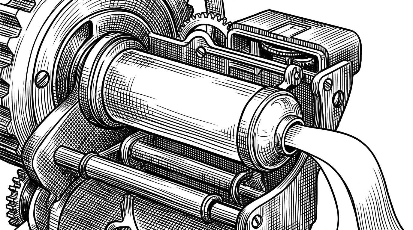 A close-up of a complex antique clockwork mechanism. Instead of standard gears, the central timing cylinder is a smooth, glowing glass tube feeding a continuous ribbon of ticker-tape into a mechanical brain, illustrating the integration of time-series foundation models.