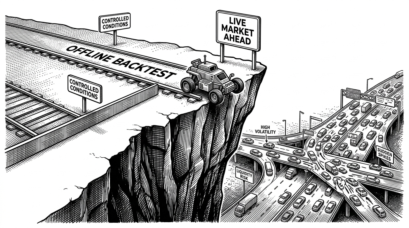 A laboratory testing track representing an offline backtest ending at a sheer cliff edge, with a chaotic real-world highway far below. A mechanical vehicle sits paralyzed at the cliff edge, illustrating the difficulty of deploying reinforcement learning agents to live markets.