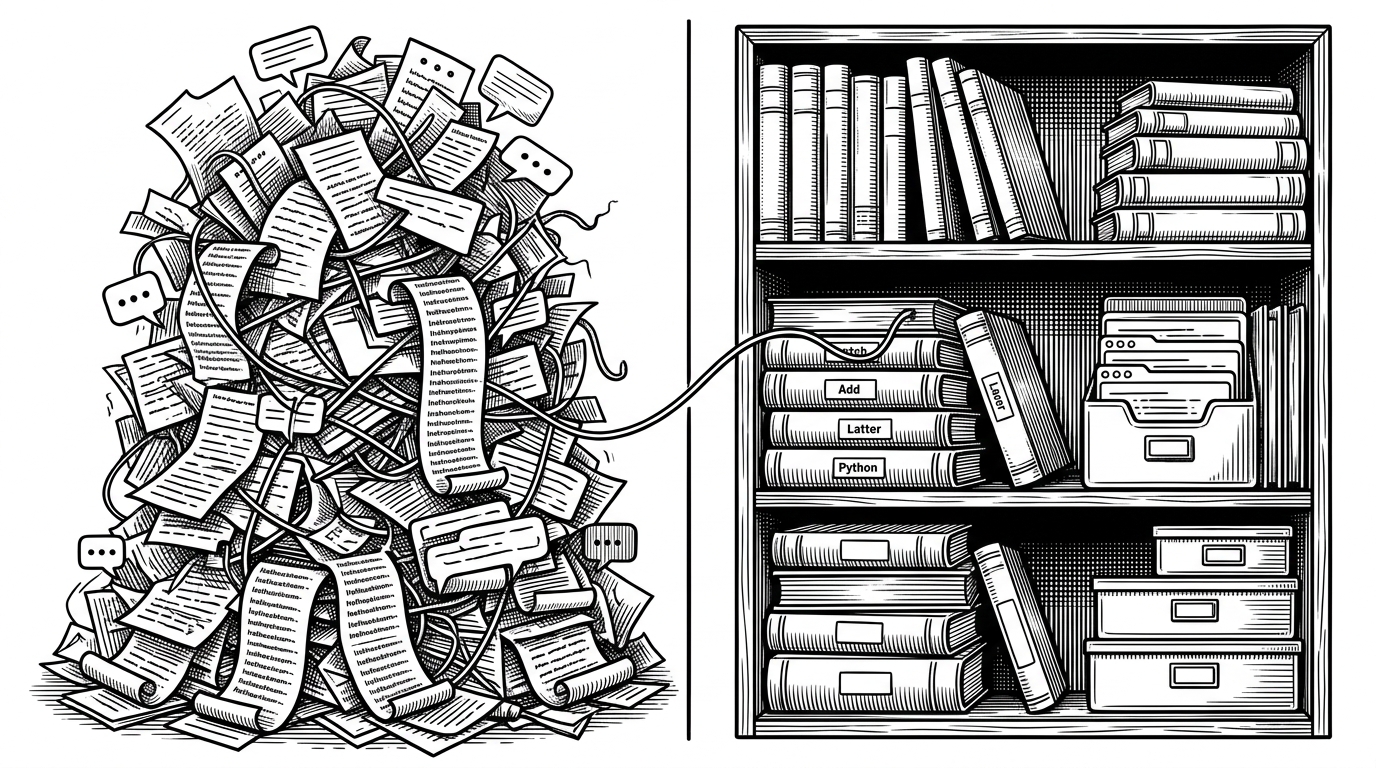 A split editorial scene contrasts a tall tower of tangled chat bubbles with a compact ledger of Python variables and nested notes. The left side looks crowded and fragile, while the right side looks organized and reusable. The image explains why recursive state in a REPL is more reliable than growing context history.