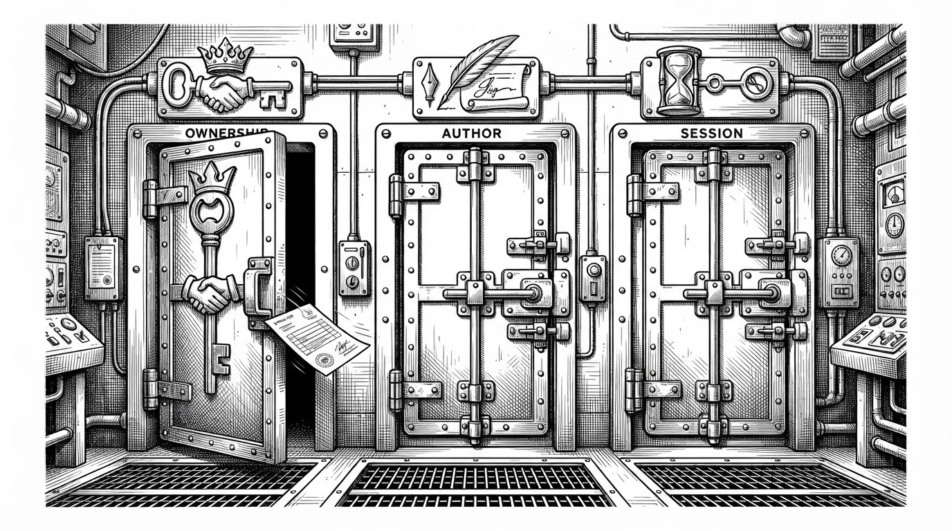 A close-up control room shows three locked doors labeled ownership, author, and session. A review token can pass only through the correct door, while the others remain sealed.