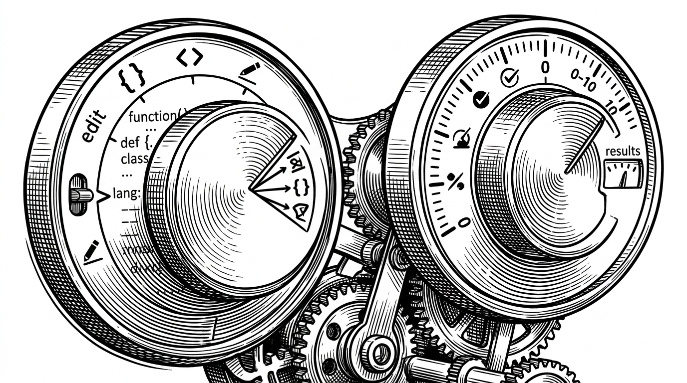 A close-up editorial illustration of two synchronized control dials linked by a hidden mechanism. One dial controls code and language, while the other controls feedback and evaluation. Turning one dial moves the other instantly, showing how the app keeps the interview room coherent.