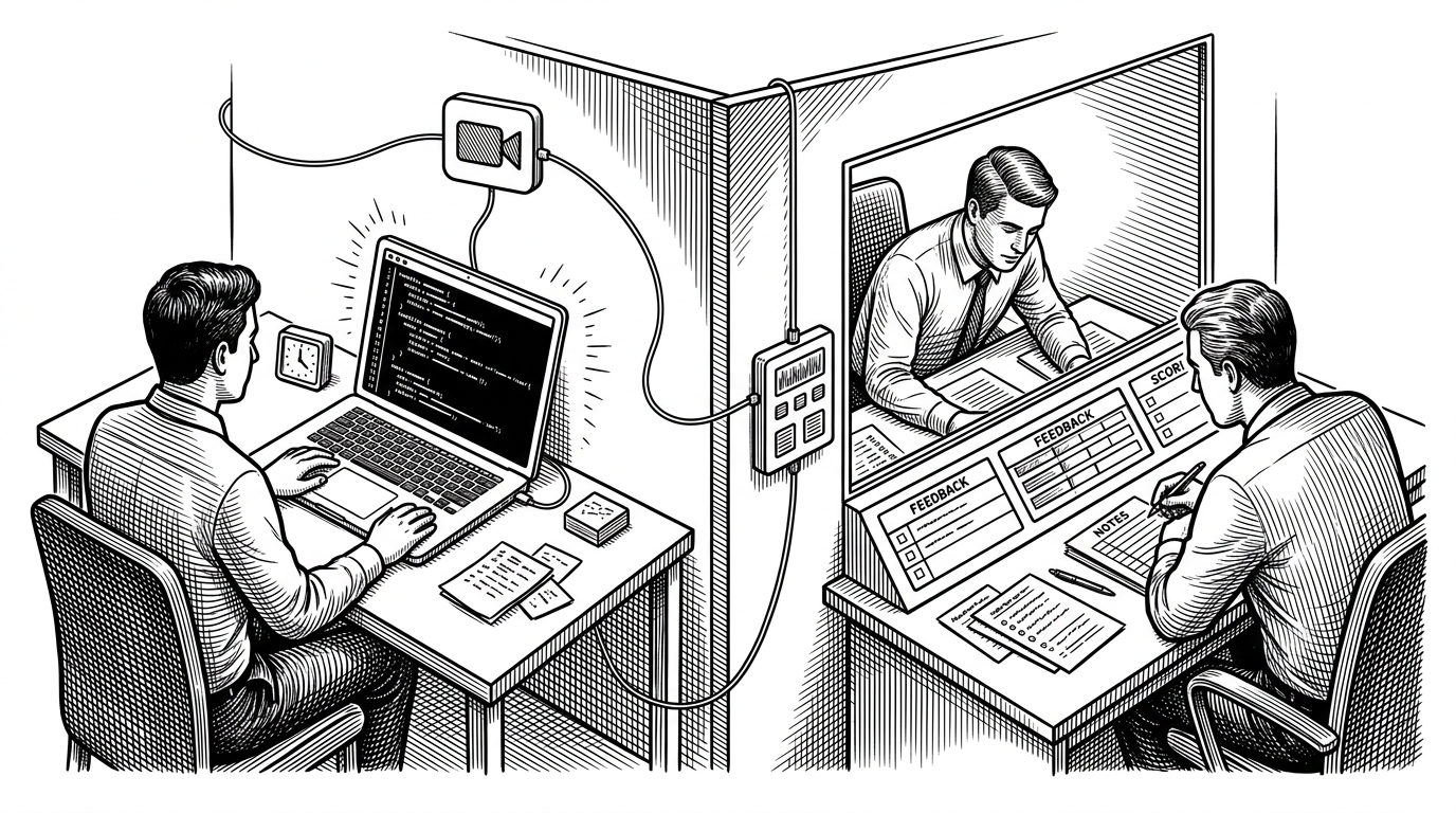 A wide editorial scene of a mock interview room split into two linked spaces. On one side, a candidate works in a shared code editor while a timer hangs above the desk. On the other side, an interviewer watches a mirrored console with structured feedback, and a thin network thread connects video, editor state, and AI judgment.