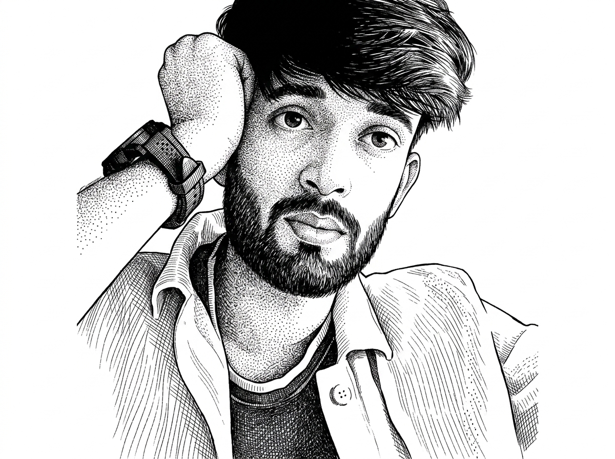 A WSJ hedcut-style portrait of Vaibhav Prajapati based on his GitHub avatar, rendered in black ink on a pure white background. The portrait serves as a creator reference and grounds the project in a single maintainer.
