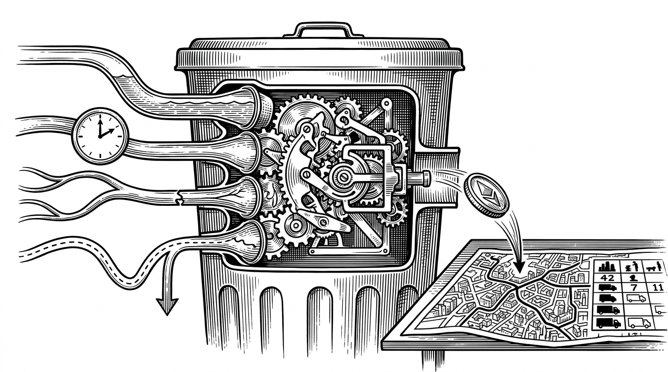 A city waste bin drawn like a mechanical decision chamber. Sensor signals enter from one side, and a ranked dispatch token exits on the other, feeding a route board and truck assignment flow. The image explains how this system turns waste telemetry into an operations decision instead of a static dashboard.