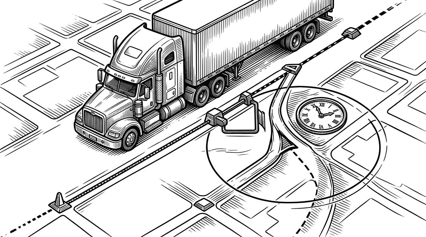 A delivery truck moving across a city grid while a taut line pulls it back toward its assigned route. A deviation branch shows the truck drifting away, with a timer and radius boundary marking the compliance threshold. The image explains how the system watches whether vehicles stay on task after the route is generated.