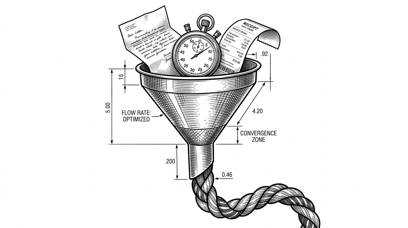 A funnel blending a letter, a stopwatch, and a receipt into a single glowing rope.