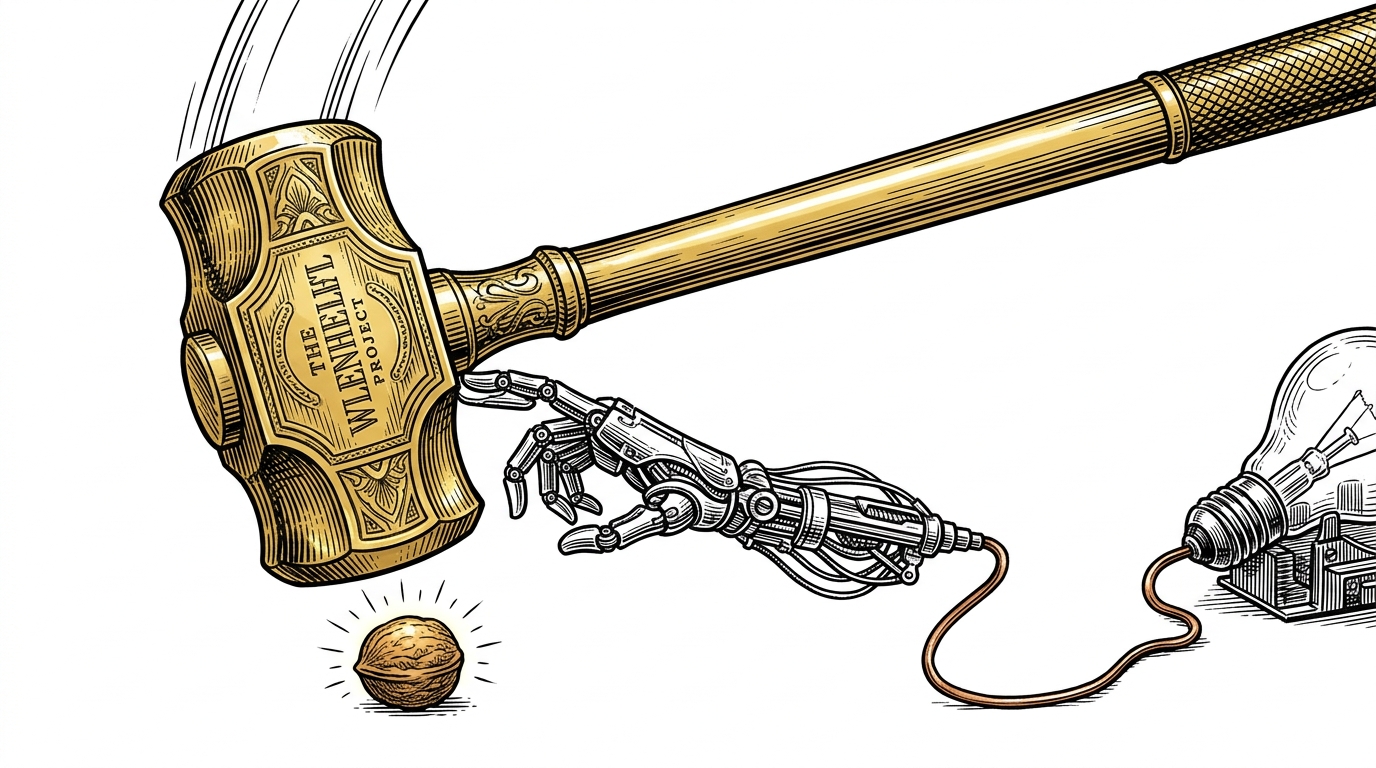 A massive golden sledgehammer swinging toward a tiny walnut, intercepted by a small mechanical hand.