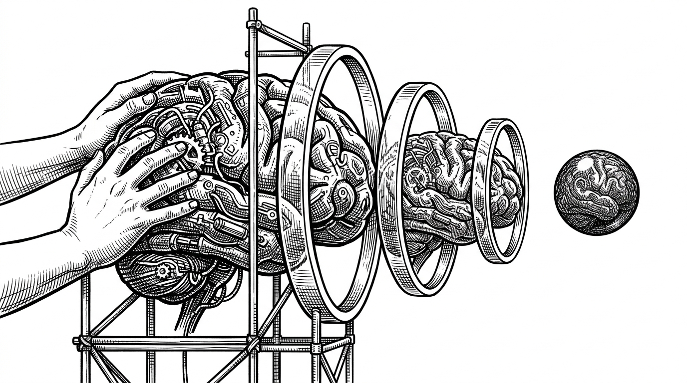 A mechanical brain passing through narrowing glass rings to become a dense marble.